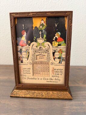 Antique Desktop Perpetual Calendar Wood & Paper With Glass Romeo & Juliet 1926